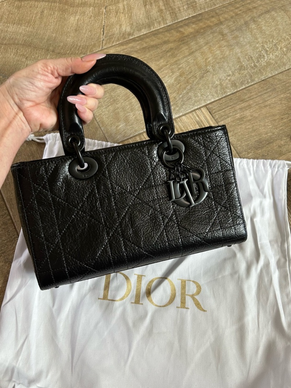 Dior D-Joy Black Crinkled Leather with Black Matte Hardware